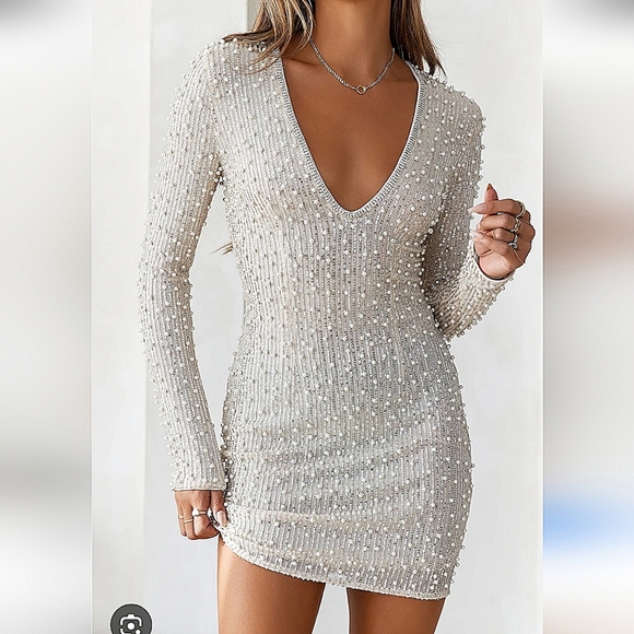 Klesis Elegant Pearl-Embellished Cream Dress - Picture 1 of 13